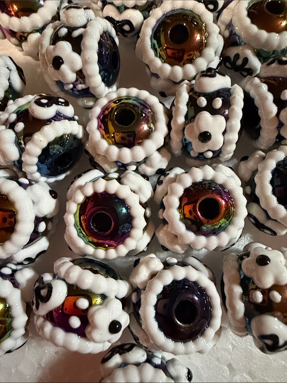 Set of 25 Artisan White-Trim black Iridescent Glass Beads